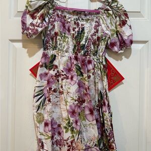 Elegant Floral Midi Dress with Purple and Green